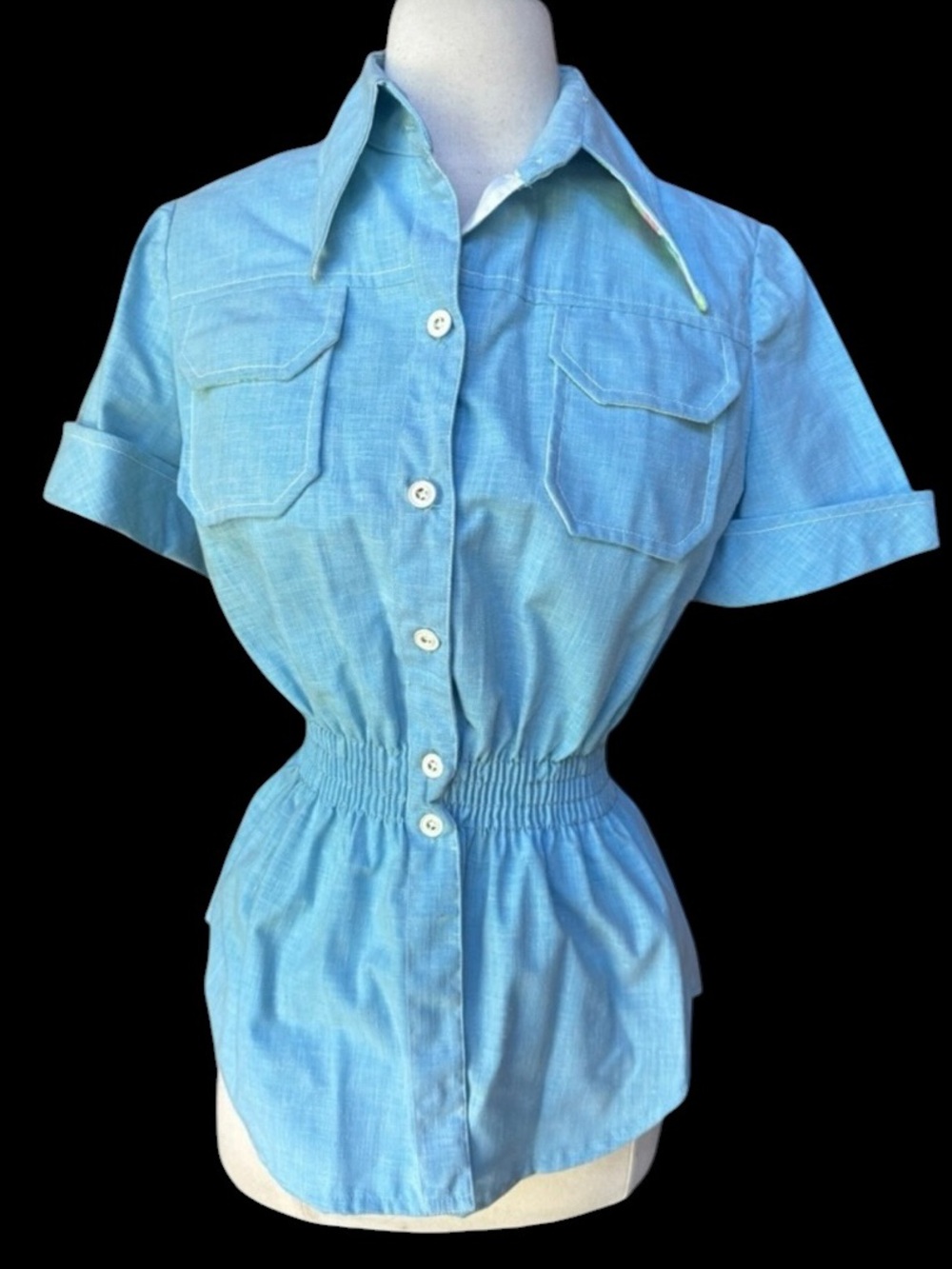 1980s/90s does 70s Per Se‎ Dagger Collar Button Down Smock Waist Top